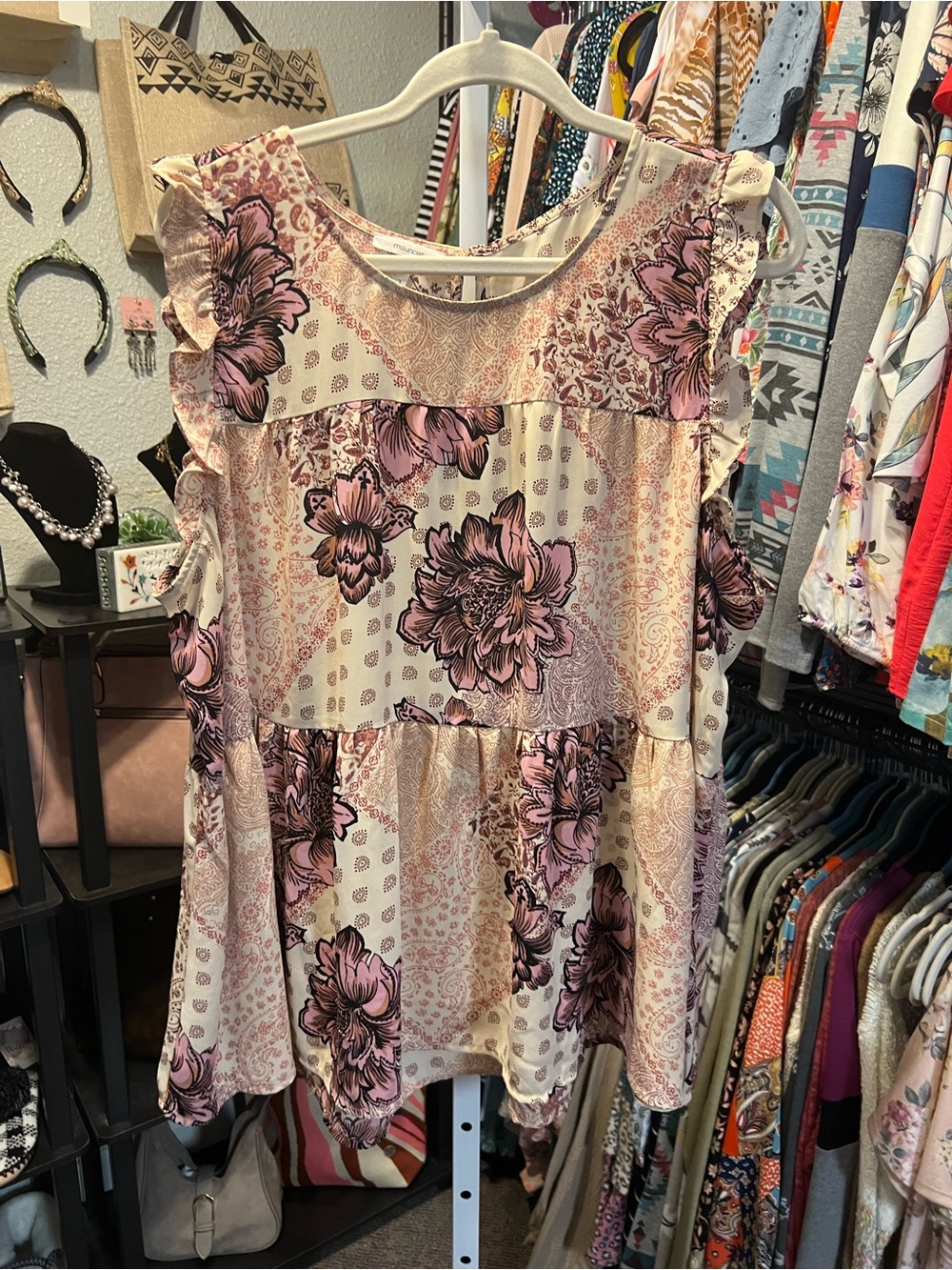 Maurices Cream and Pink Floral Ruffle Sleeve Blouse
